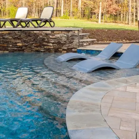 Custom Freeform pool in North Raleigh highlighting tanning ledge with pebbletec plaster