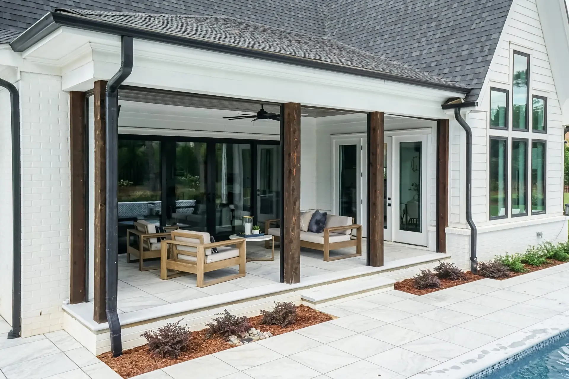 Montreaux Linear Luxury custom porcelain tile overlay on covered patio in Raleigh, NC