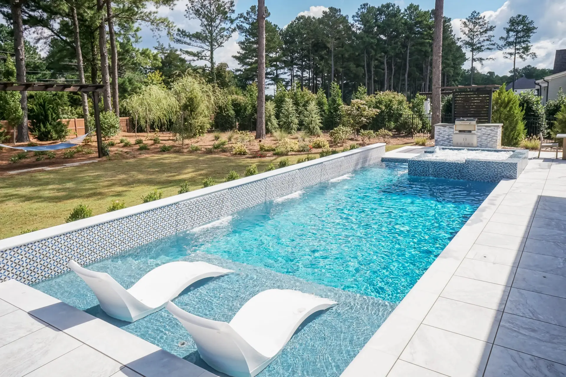 Montreaux Linear Luxury custom pool - angled view, house side in Raleigh, NC