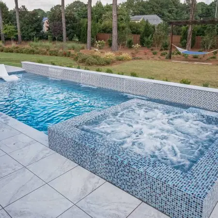Montreaux Linear Luxury custom tiled spa - opposite angled view in Raleigh, NC