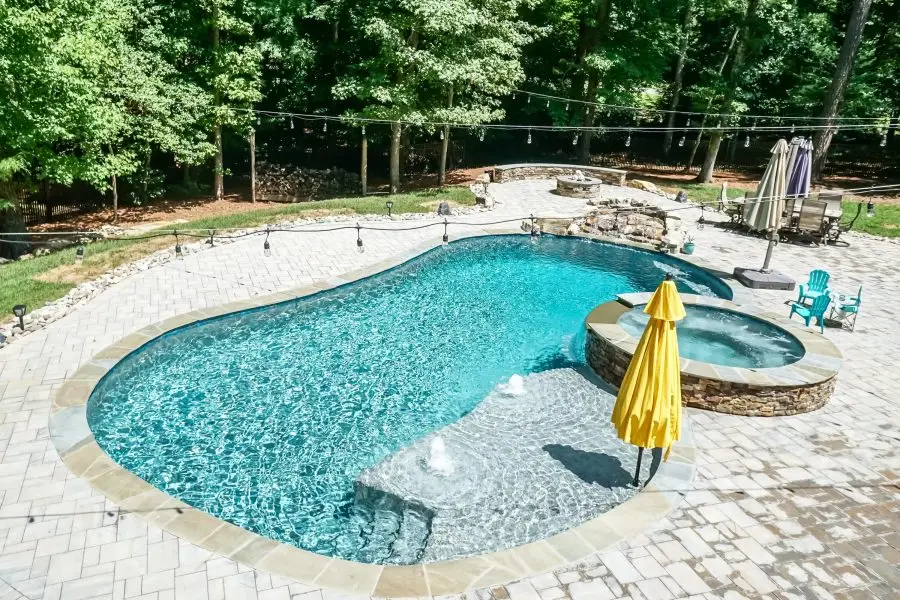 Ethan's Glen Cascading Oasis overhead view of freeform pool and spa in Wake Forest, NC